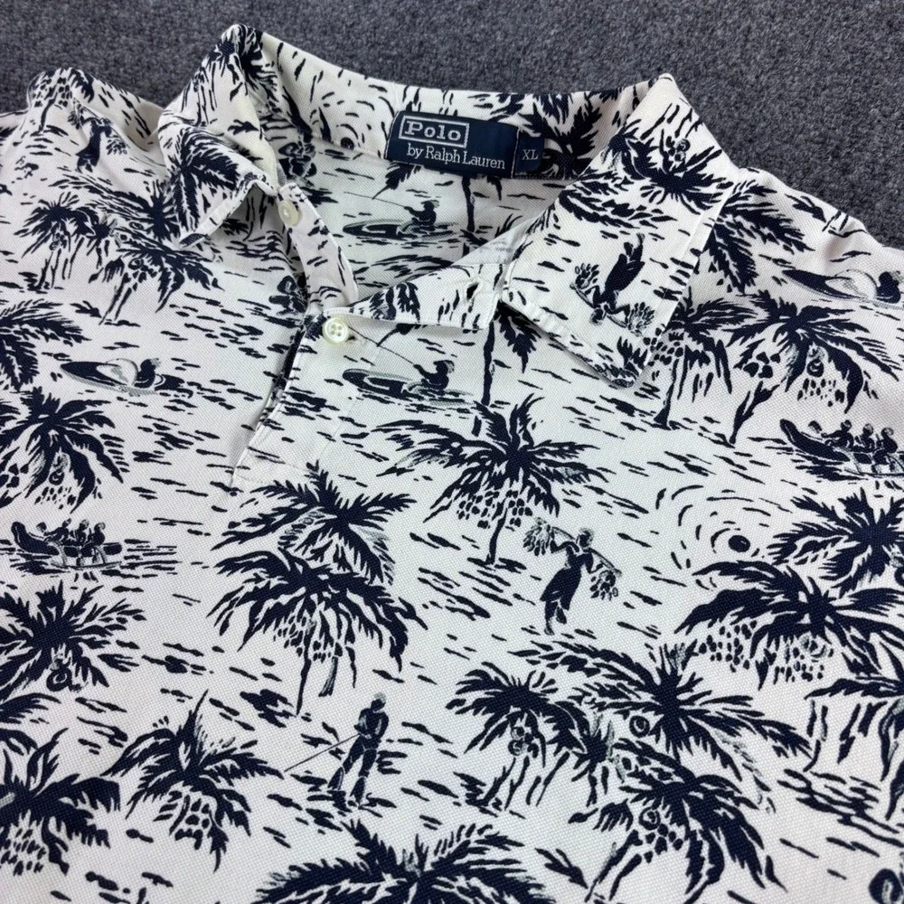 Polo Ralph Lauren Polo Shirt Mens XL Cream Navy Tropical Island Palm Tree USA